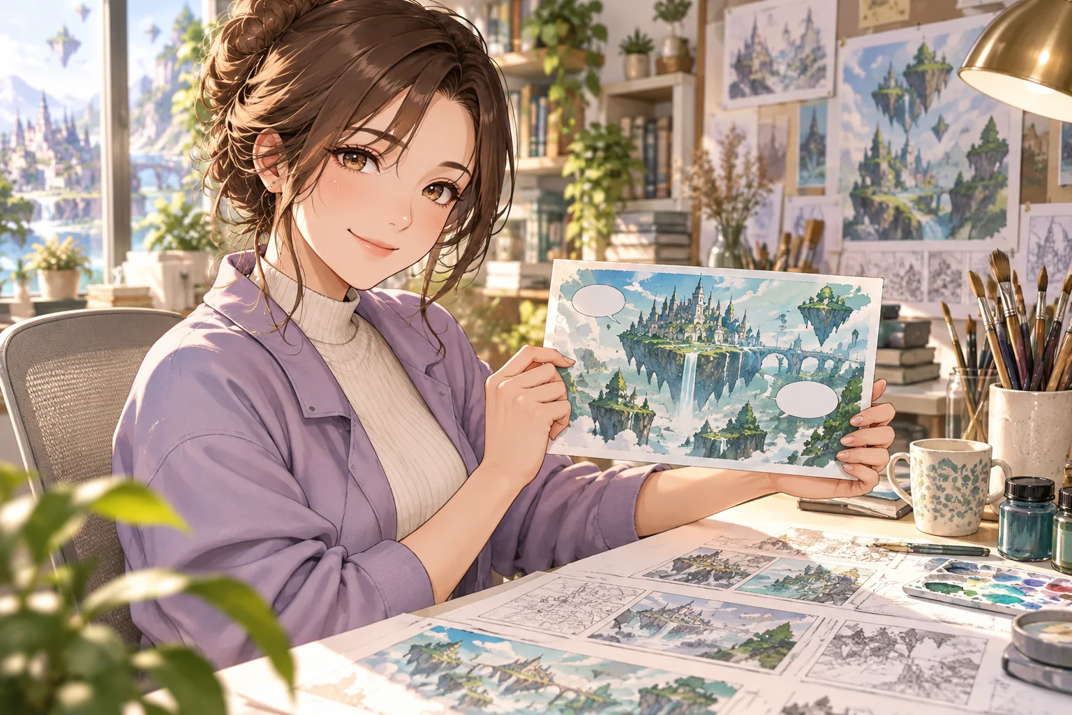 Original non-graphic anime illustration of an adult artist at a white desk with a fantasy landscape storyboard