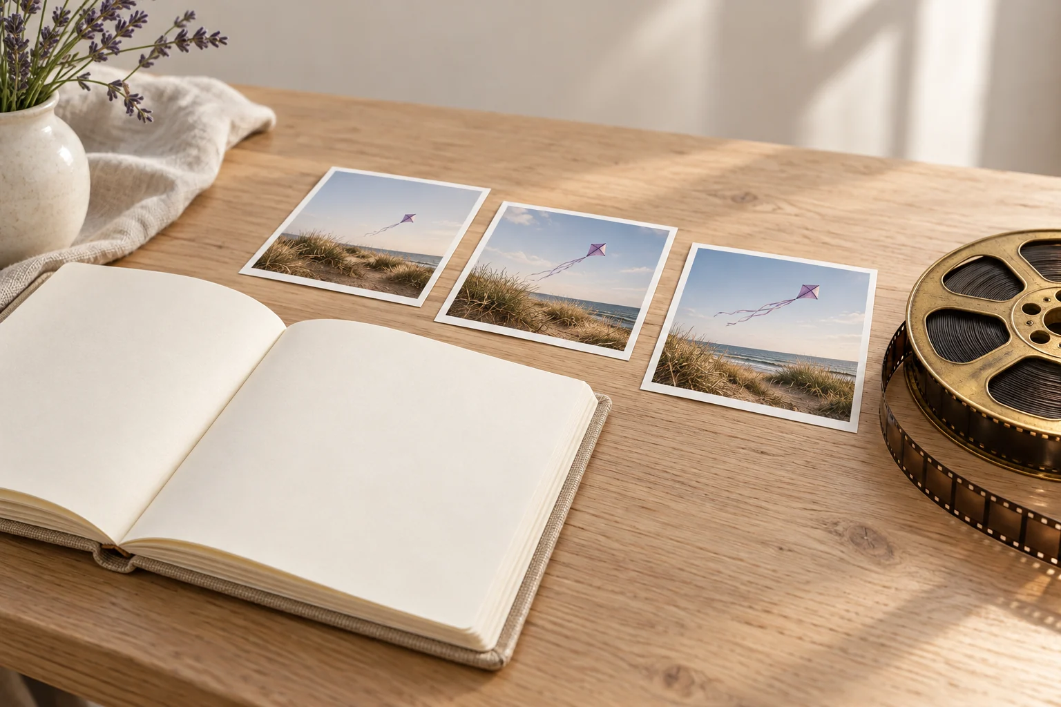 Blank notebook, sequential kite photographs and a brass film reel representing a written brief moving into video production