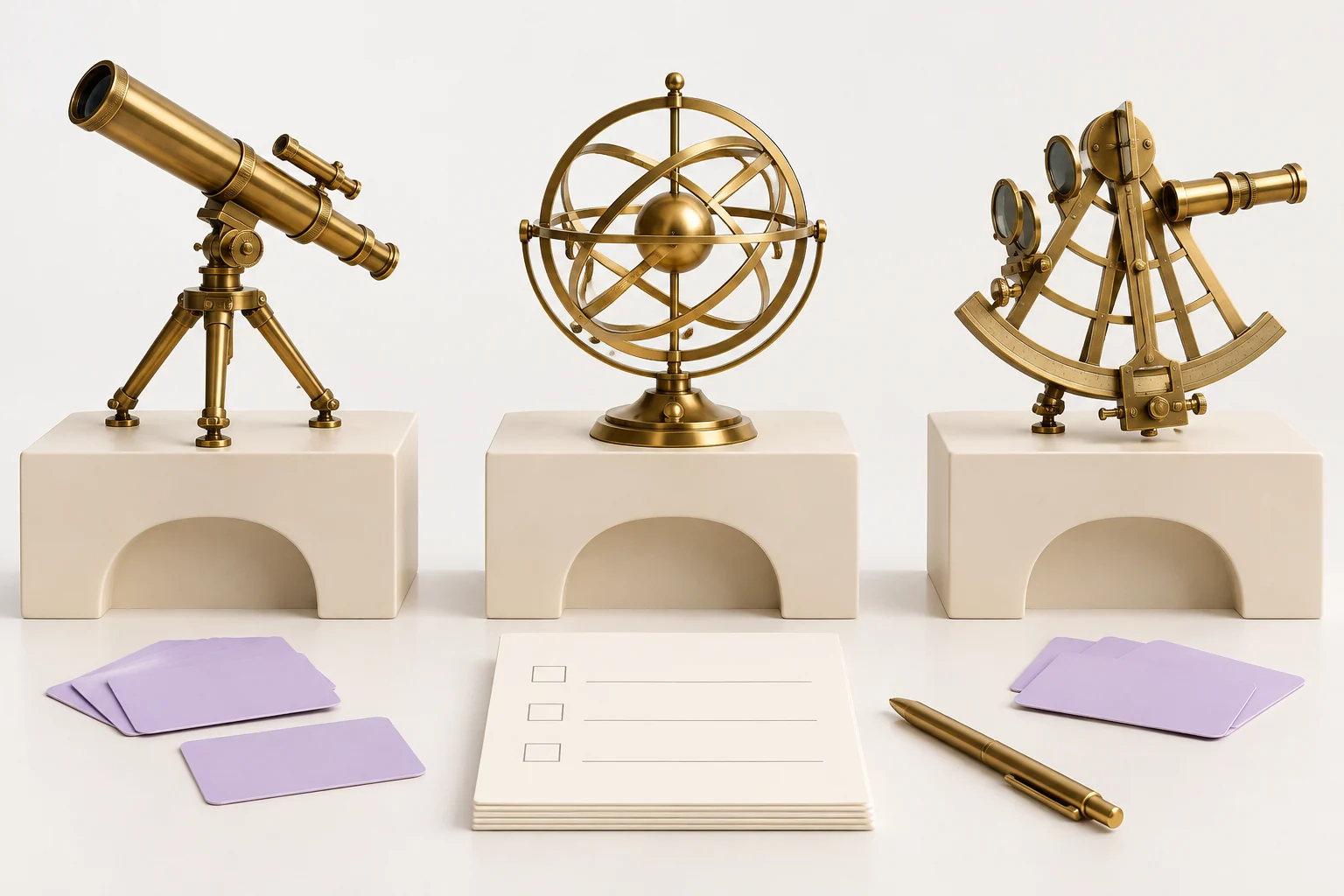 Original three equal-height observatory workstations with different brass tools and a shared blank evaluation checklist