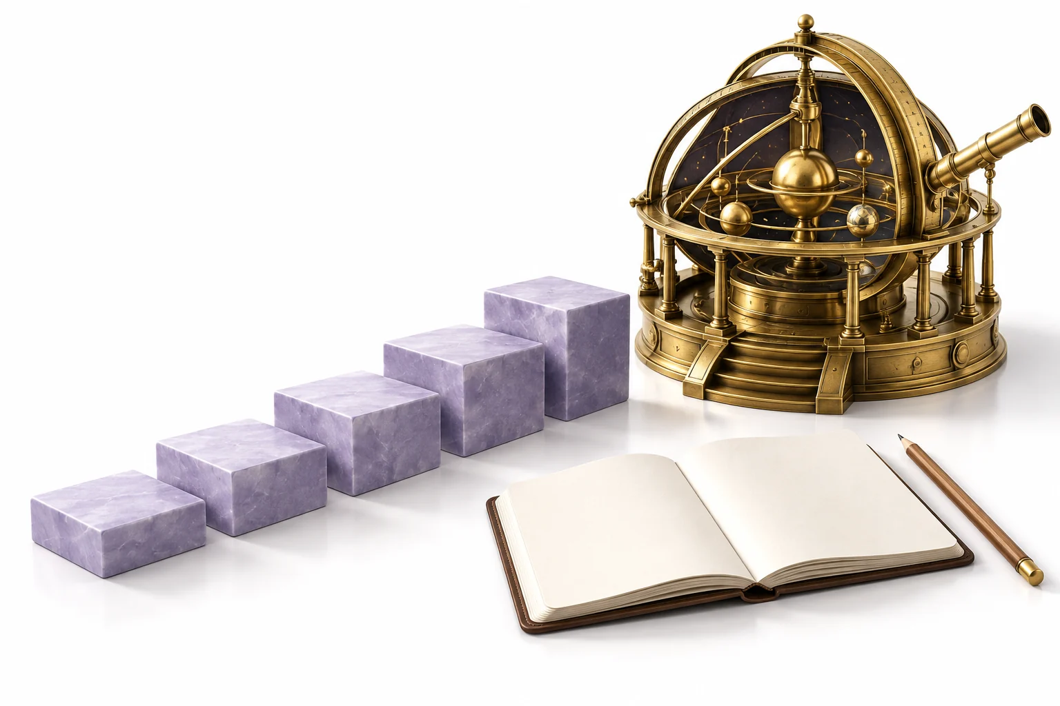 Original stepped reasoning metaphor with lavender blocks, brass observatory and a blank planning notebook