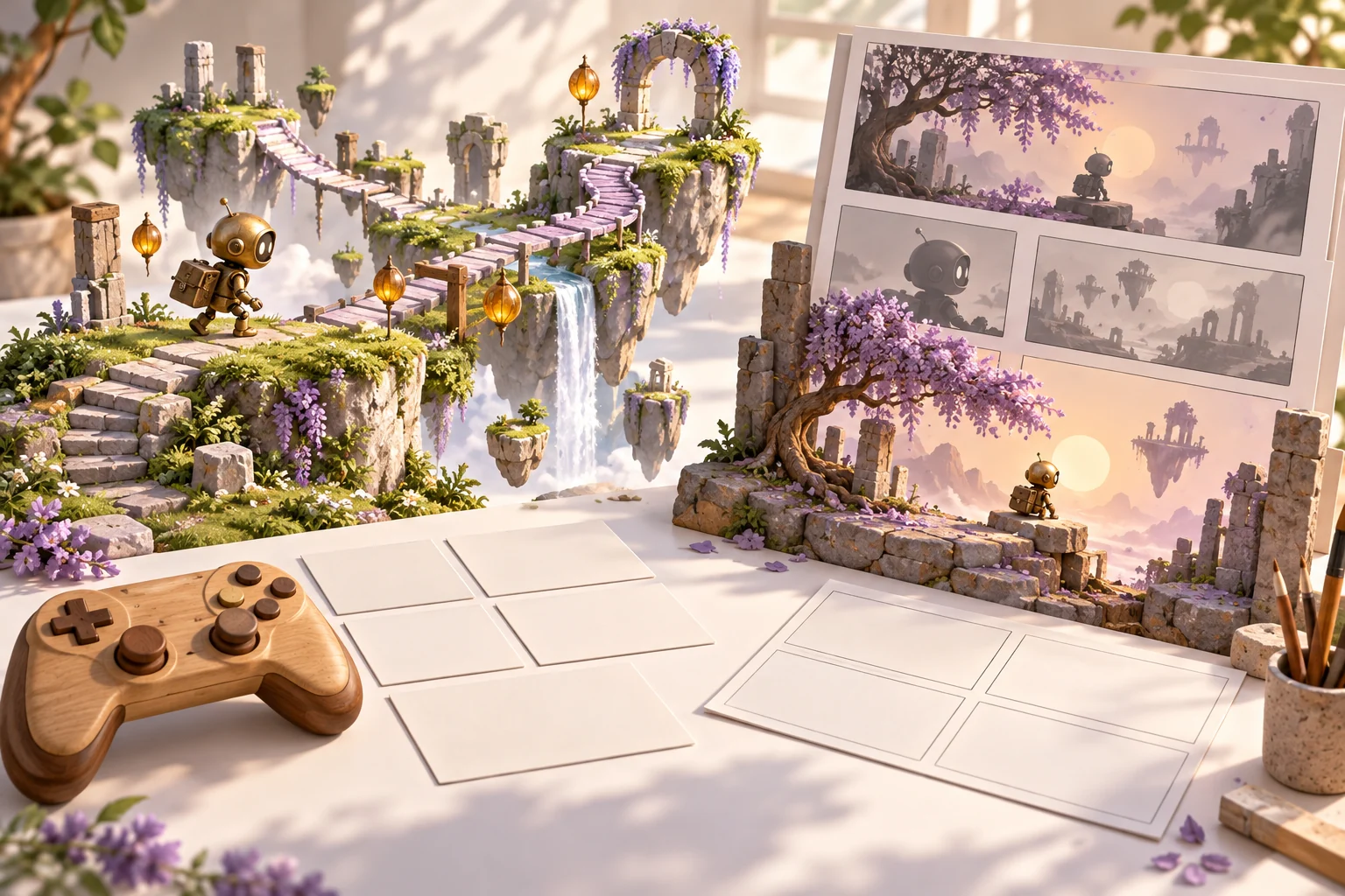 Original floating-garden game concept with a brass courier robot, unmarked controller and separate cinematic storyboard cards