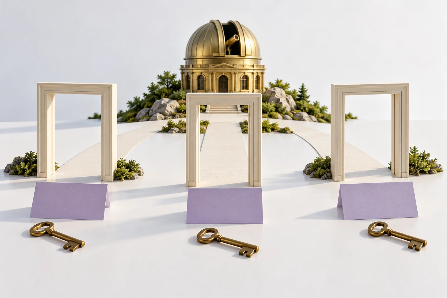 Original separate doorway and key metaphors for checking product, workspace and API access routes, with blank cards