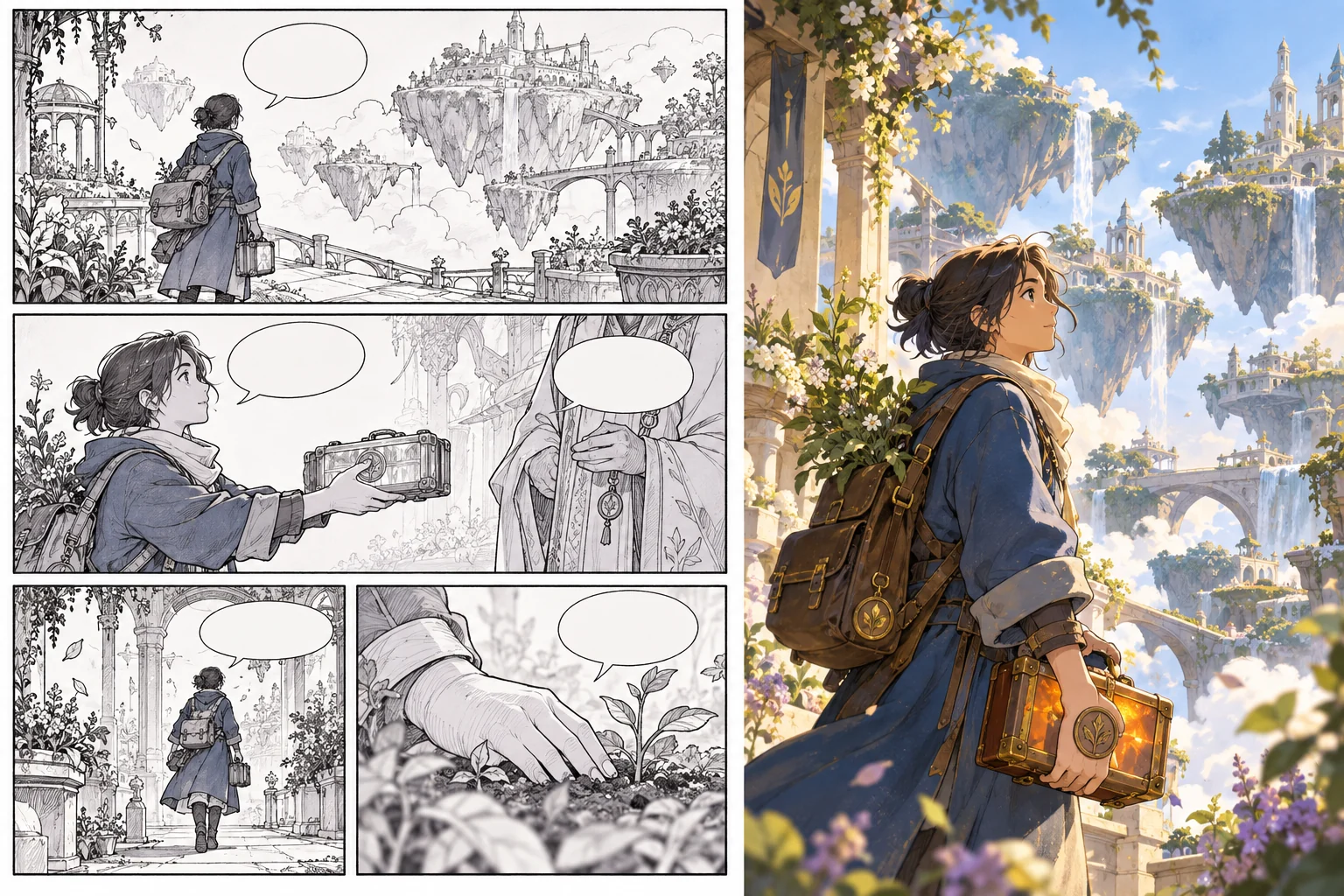 Original botanical-courier comic storyboard beside a color scene study, with blank speech bubbles and a lavender pencil