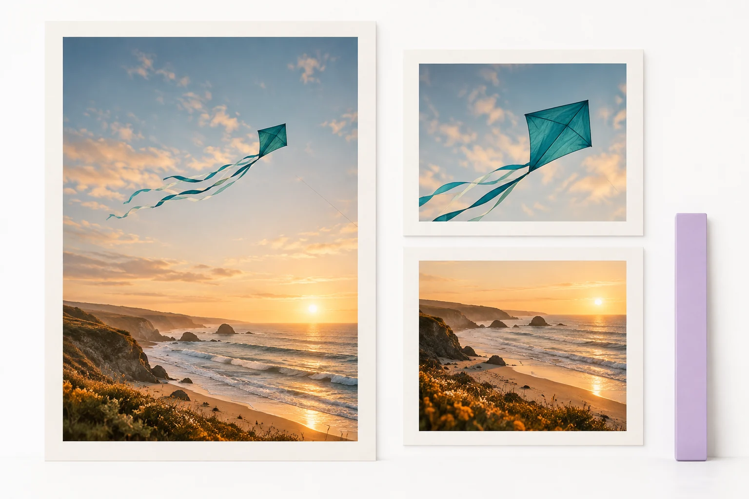 Original vertical-framing concept with a teal kite and amber coast seen through paper crop frames