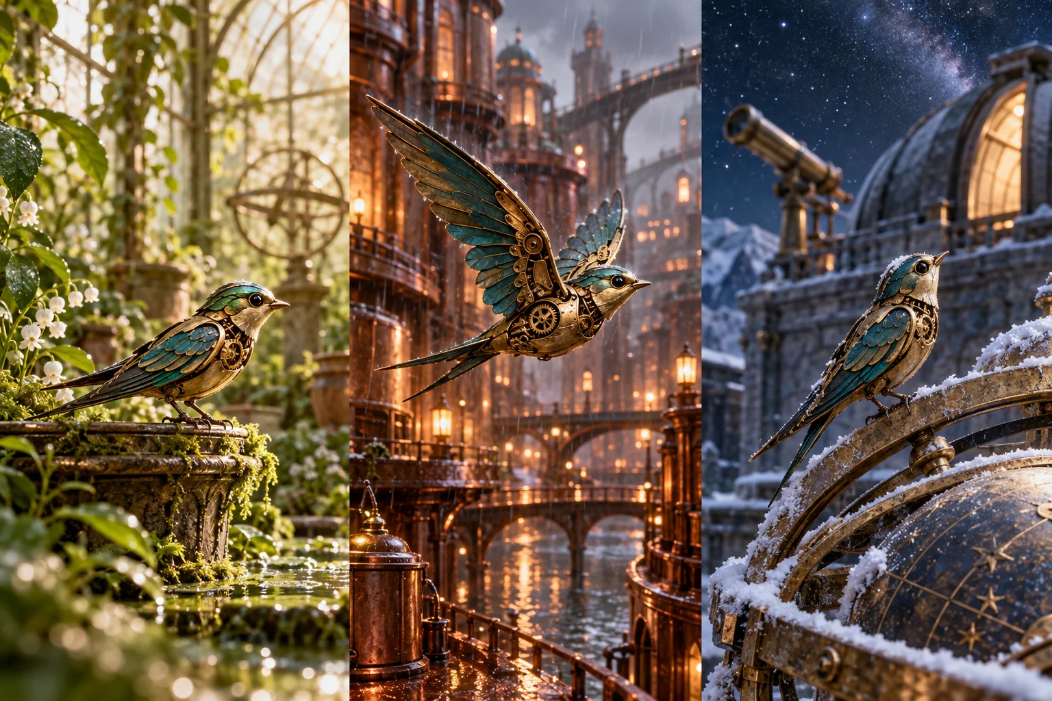 Original triptych of a fictional brass-and-teal clockwork swallow in a greenhouse, rainy city and snowy observatory