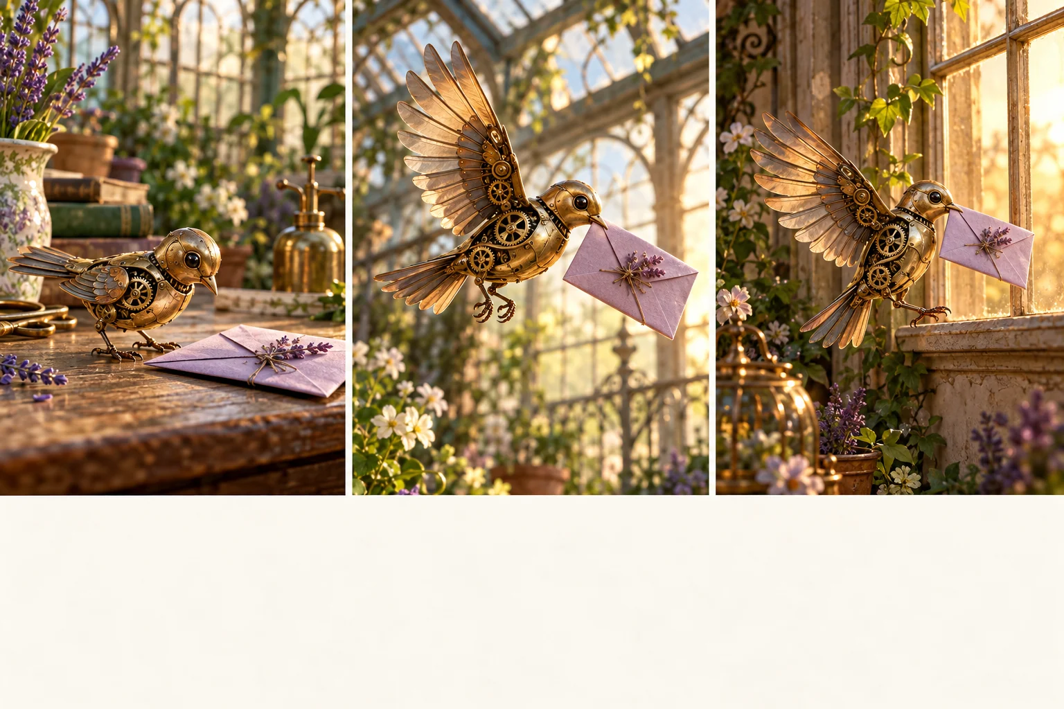 Original storyboard of a brass mechanical bird lifting a lavender letter and carrying it to an amber-lit greenhouse window