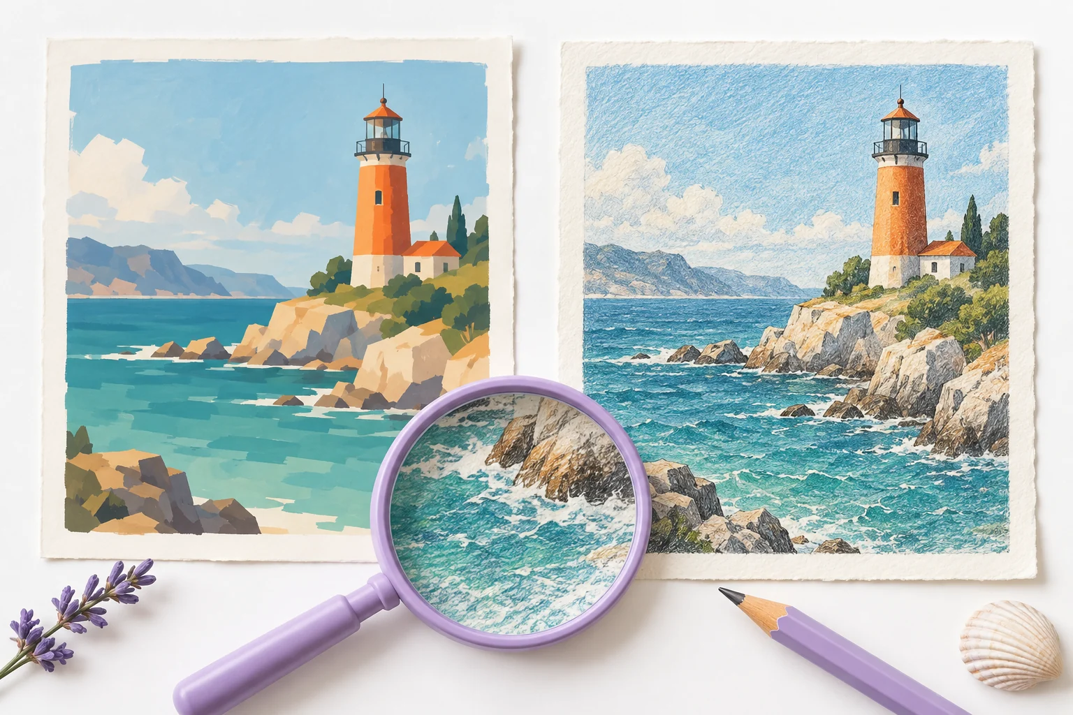 Original conceptual lighthouse illustration showing soft and textured artistic detail, not a benchmark