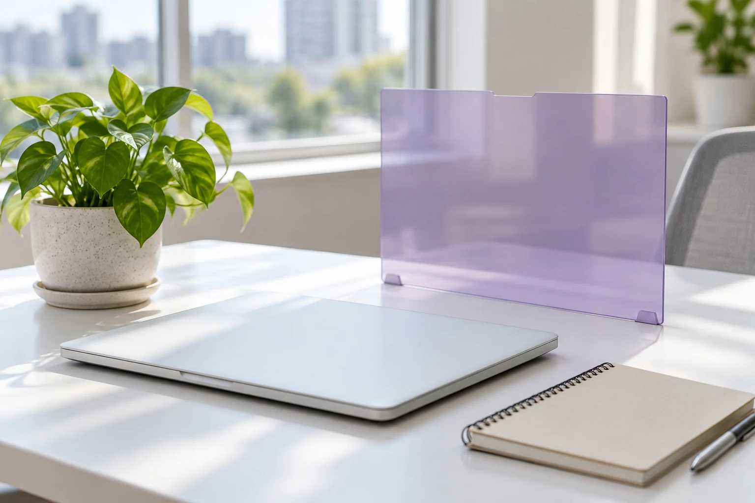 Original AI illustration of a closed laptop, privacy filter and notebook on a bright office desk
