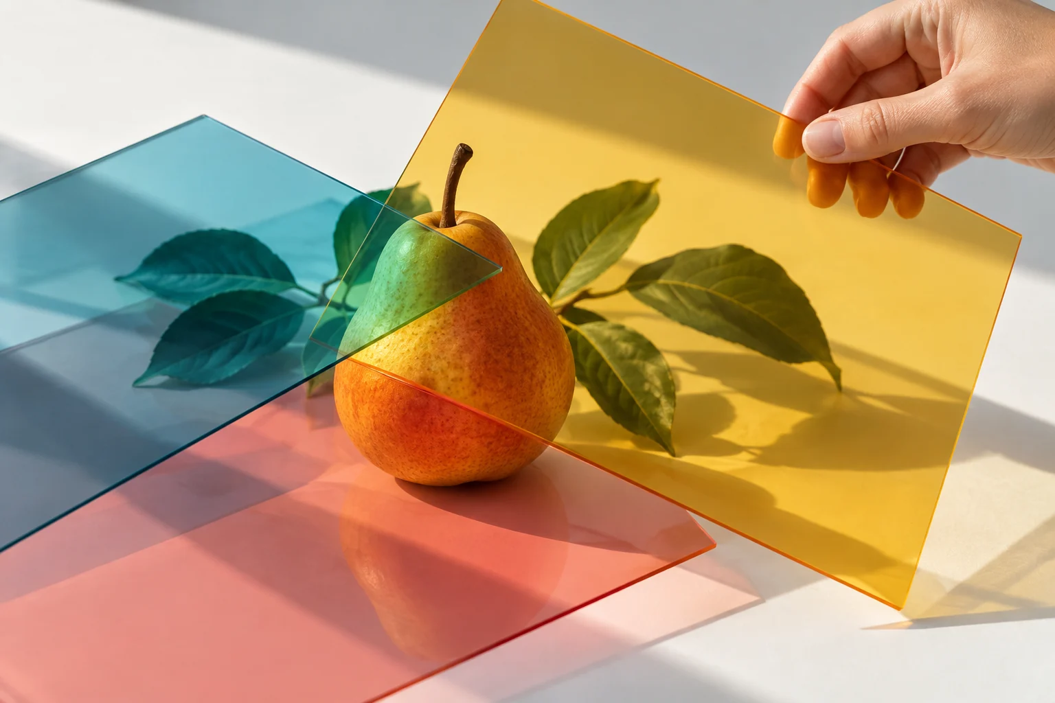 Original conceptual still life of an amber pear viewed through removable tinted acrylic sheets