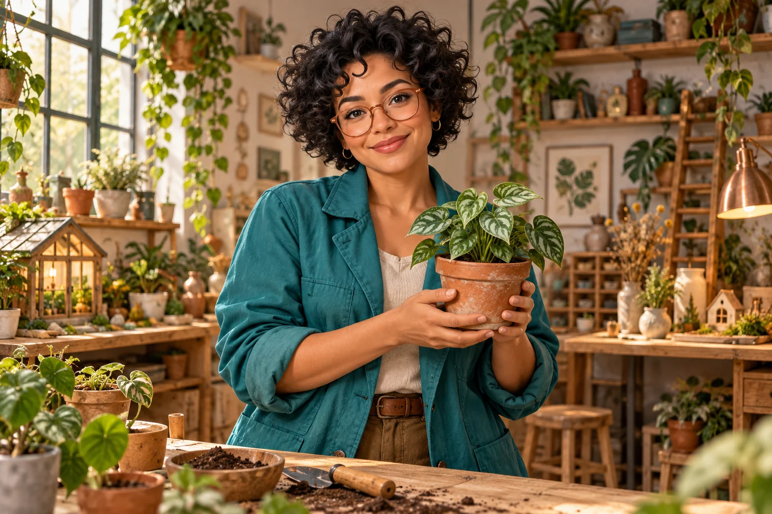Original fictional adult digital presenter with teal clothing and copper glasses holding a plant in a botanical studio
