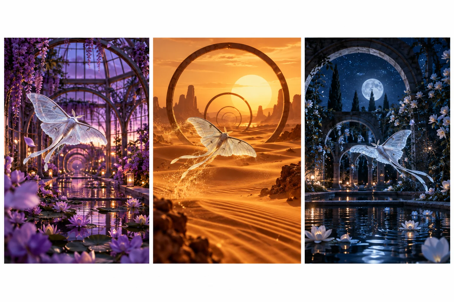 Original moon-moth music-video storyboard spanning a violet greenhouse, amber desert and blue night garden
