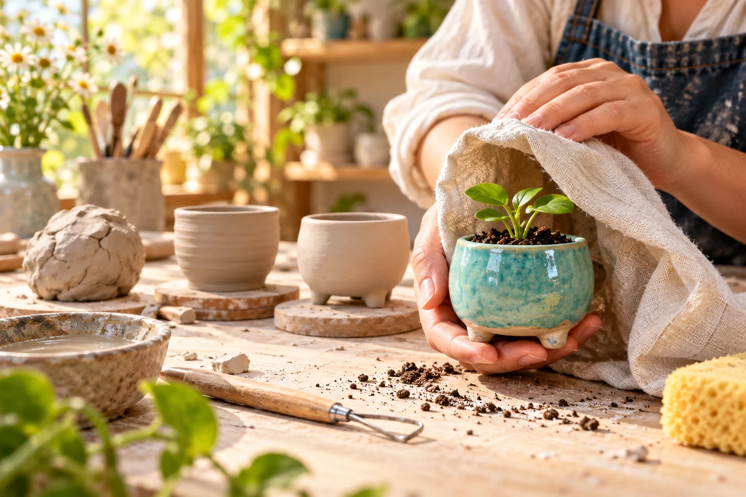 Original AI illustration of an adult ceramic artist revealing a small turquoise planter with a seedling