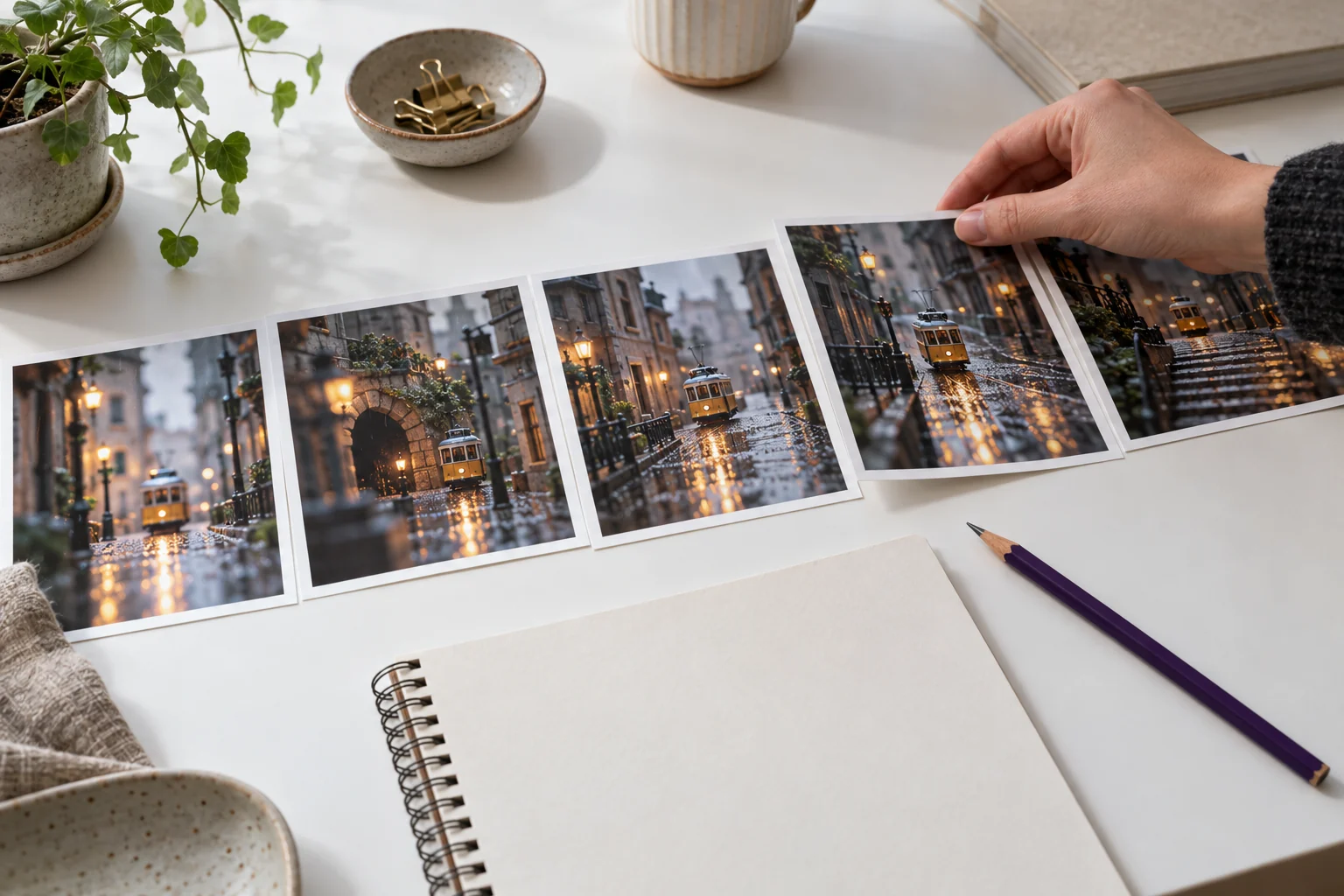 Original AI illustration of an adult hand rearranging miniature city film contact prints beside a storyboard notebook