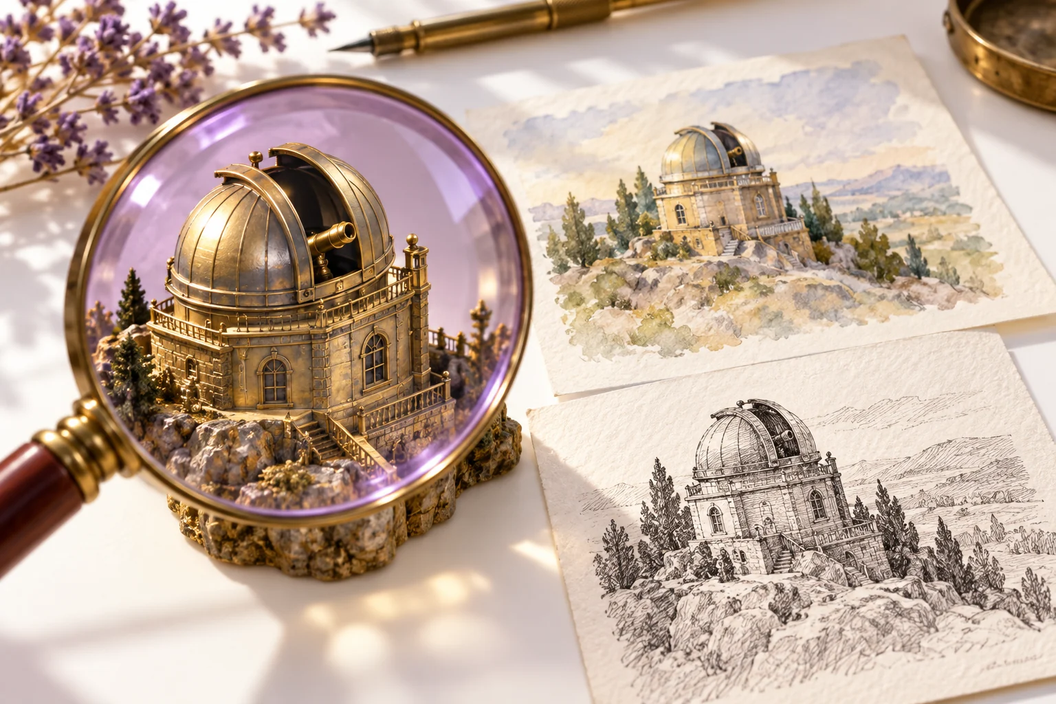 Original brass observatory and magnifier still life illustrating close inspection of visual detail