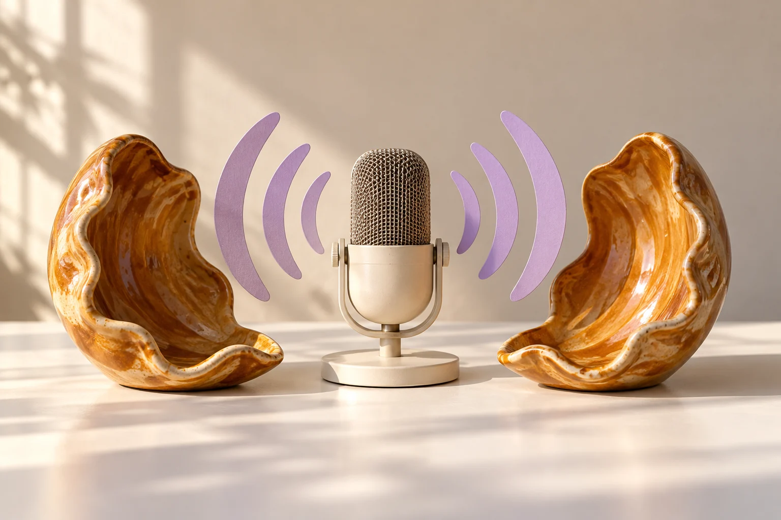 Original microphone and paper sound-wave still life with matching amber ceramic shells