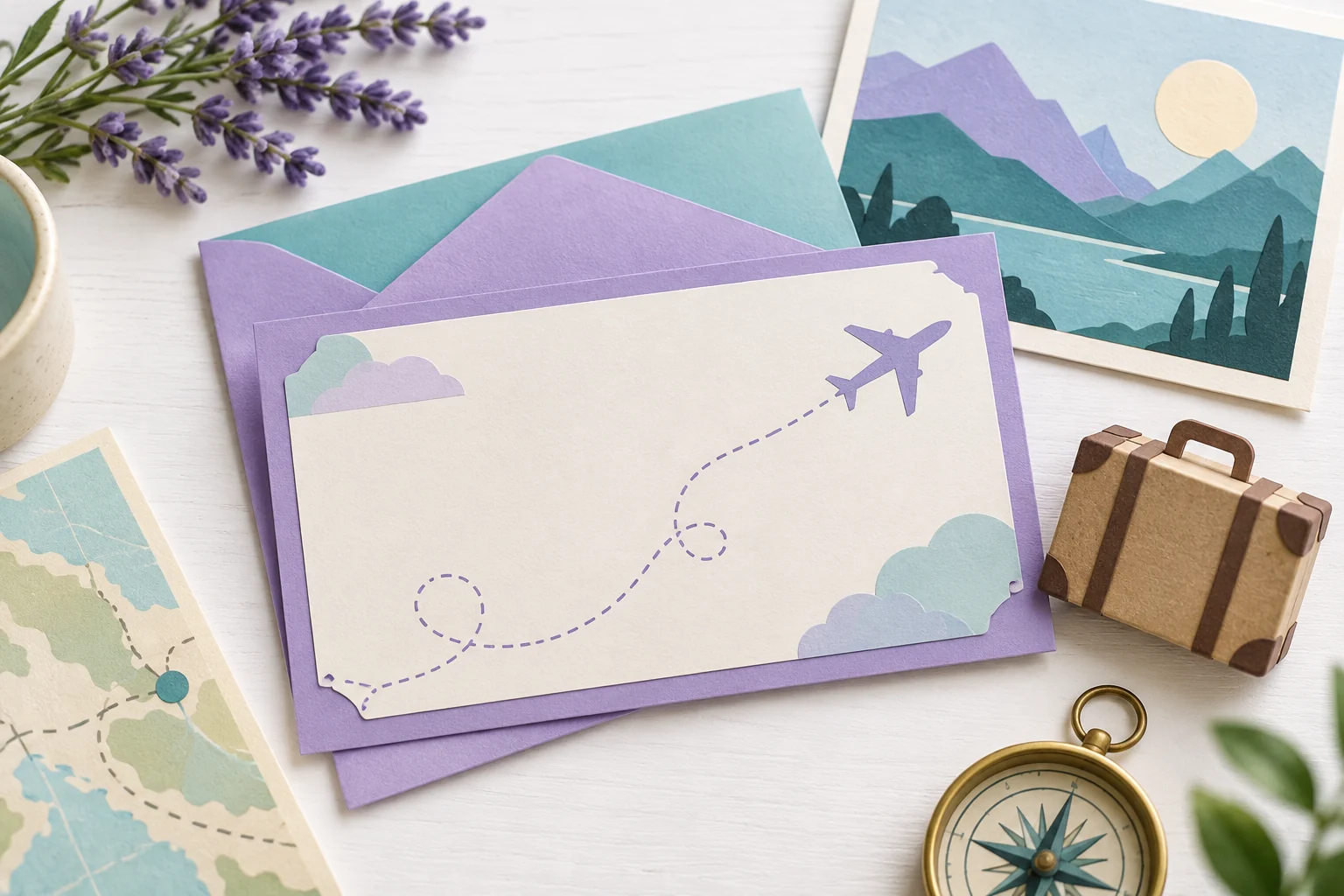 Original illustration of decorative travel invitation stationery with an airplane motif, paper suitcase and mountain postcard