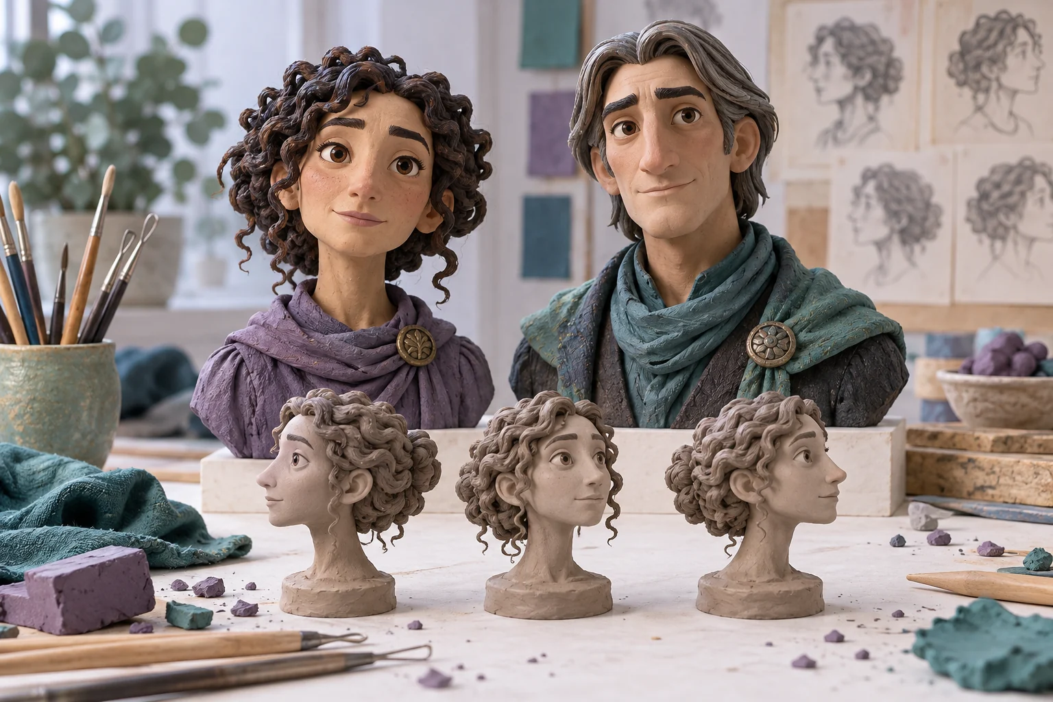 Original AI illustration of fictional adult clay character busts and head-turn studies on an artist's table