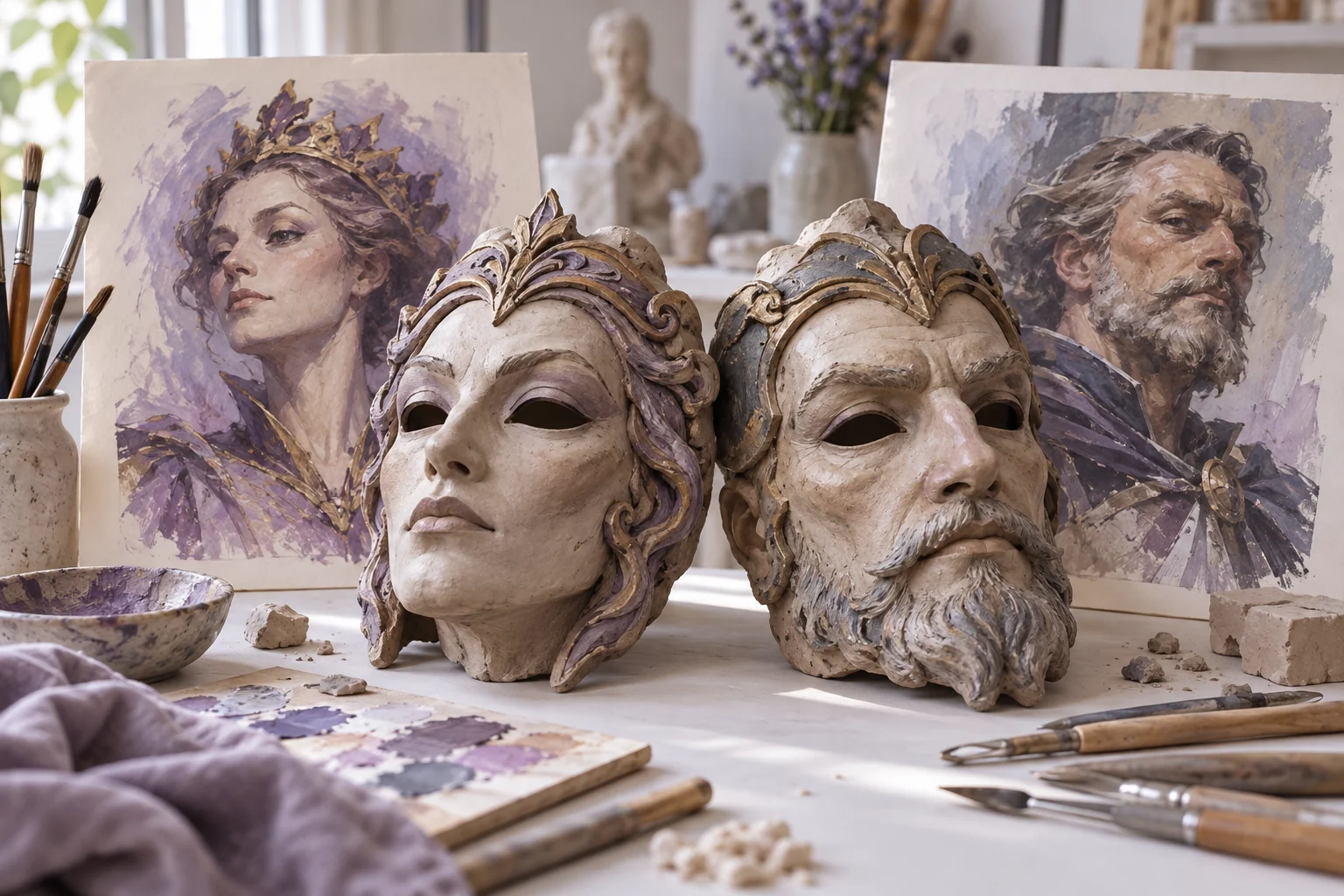 Original AI illustration of fictional adult clay character masks and painted concept portraits on an artist's table