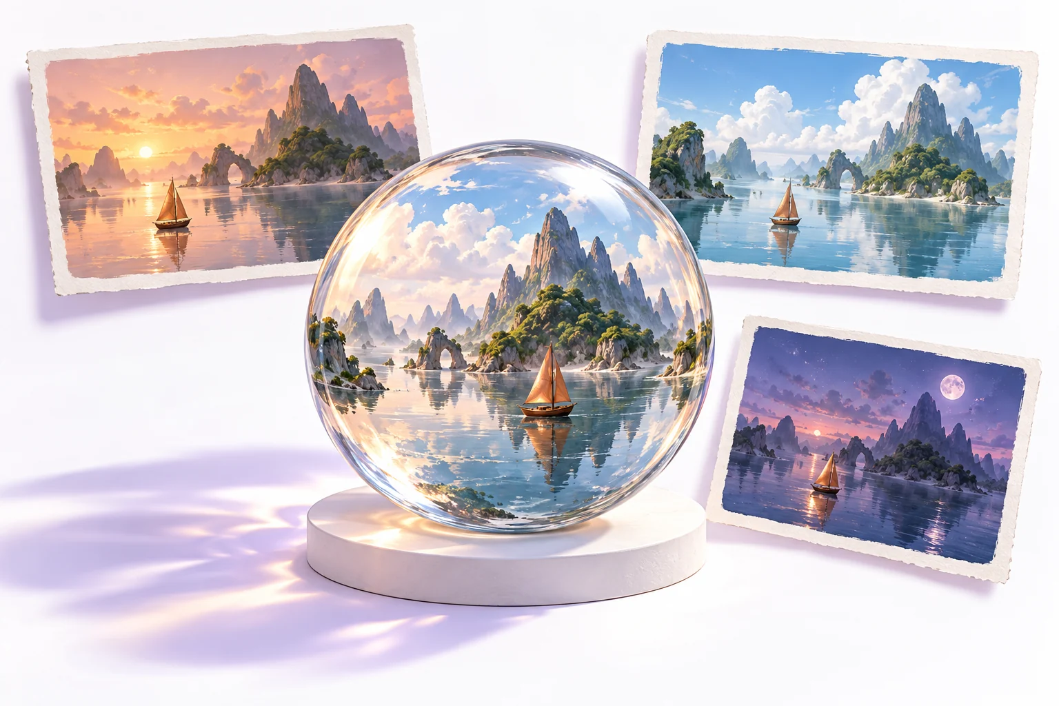 Original conceptual illustration of a glass planet, copper sailboat and changing-light storyboard windows