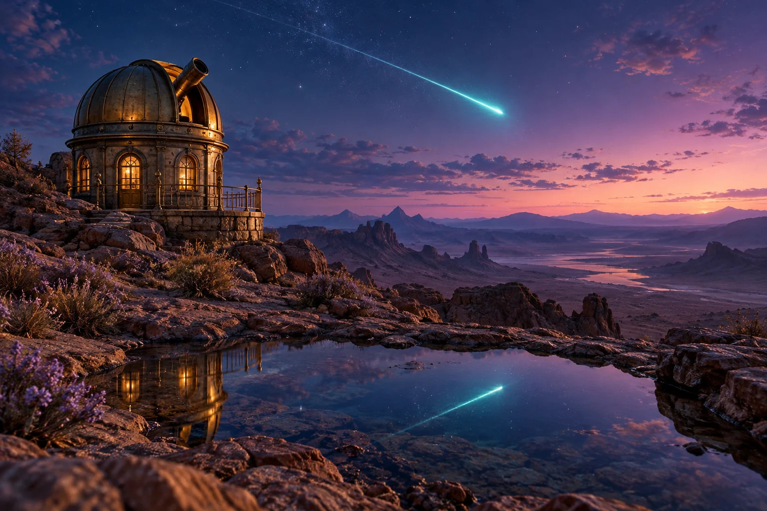 Original AI illustration of a brass observatory on a desert ridge beneath a teal meteor trail