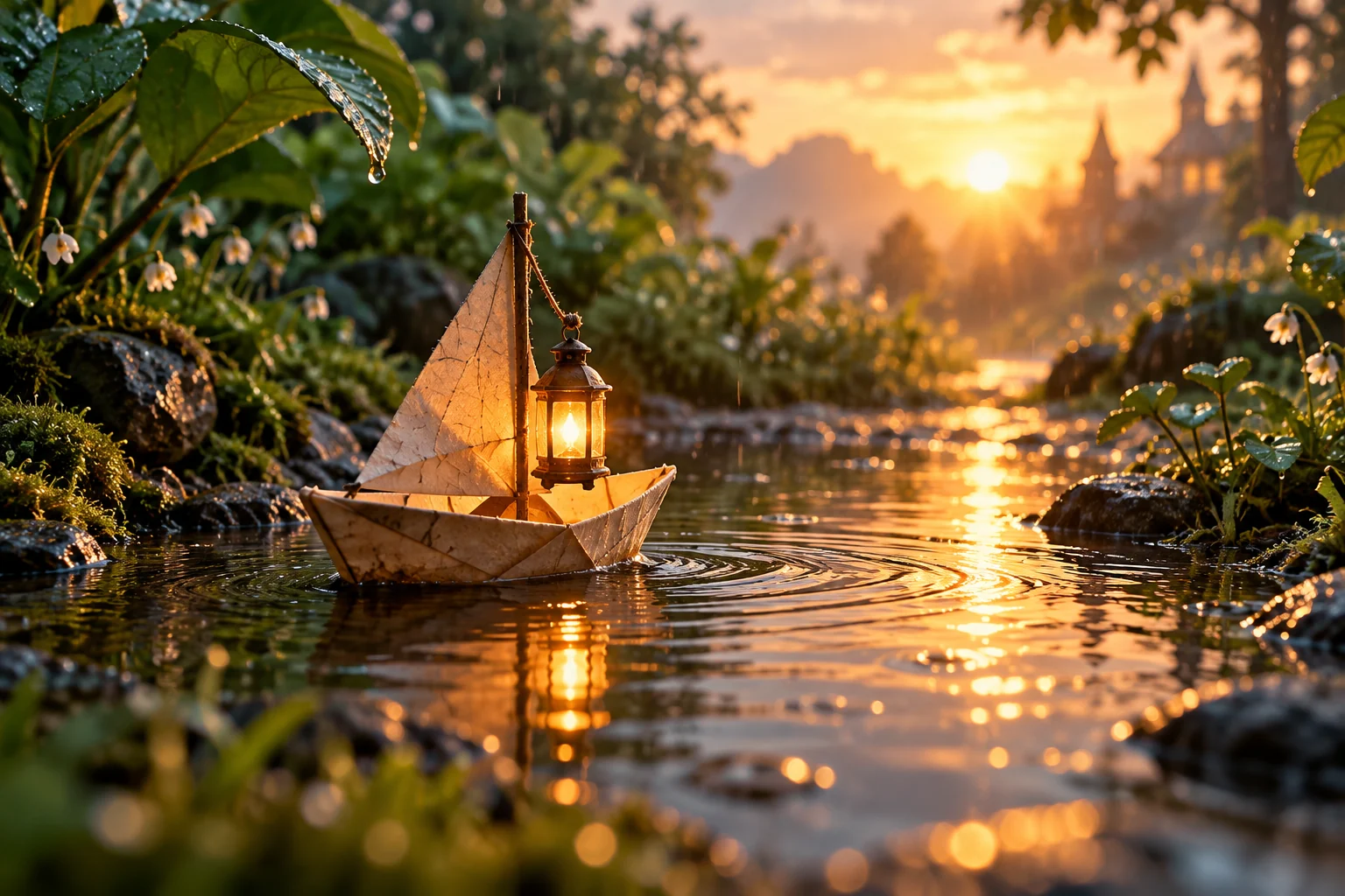 Original AI illustration of a paper boat carrying a lantern through a miniature garden puddle