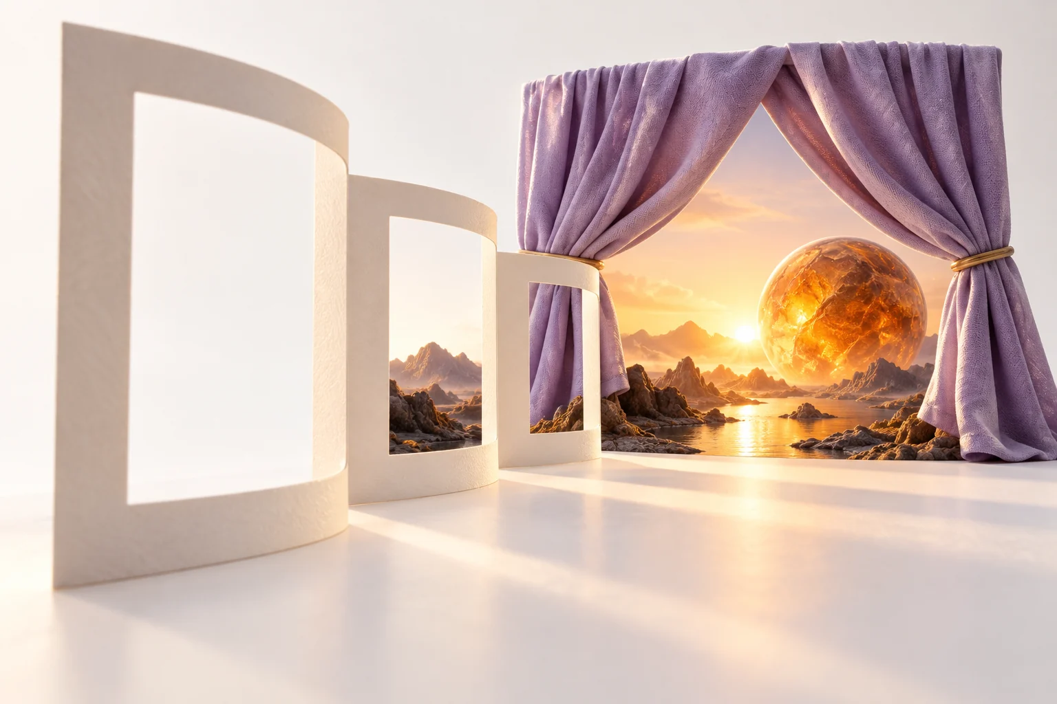 Original paper theater opening onto a miniature amber planet at sunrise