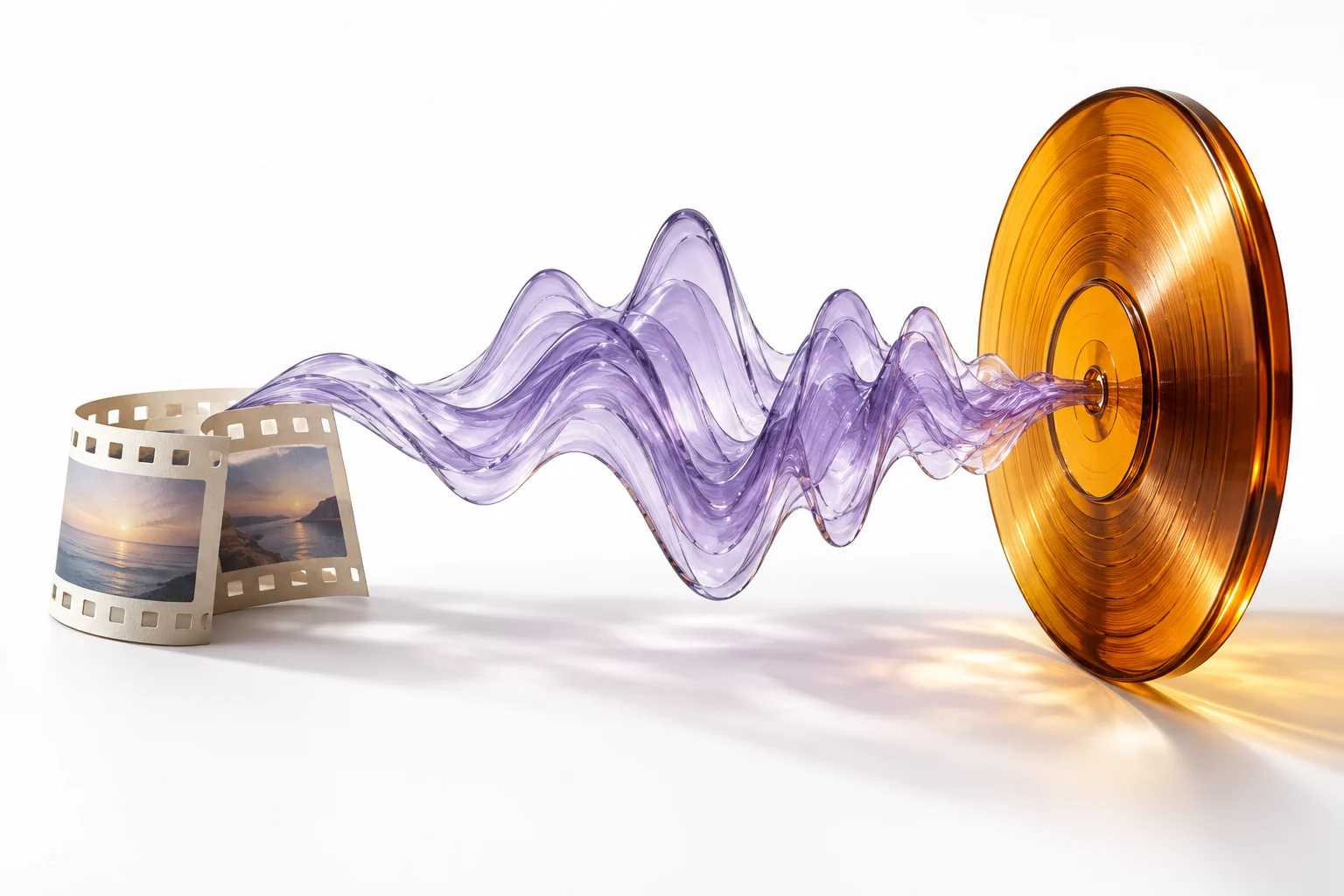 Original conceptual illustration of a sound-wave sculpture connecting film-shaped paper and an amber audio disk