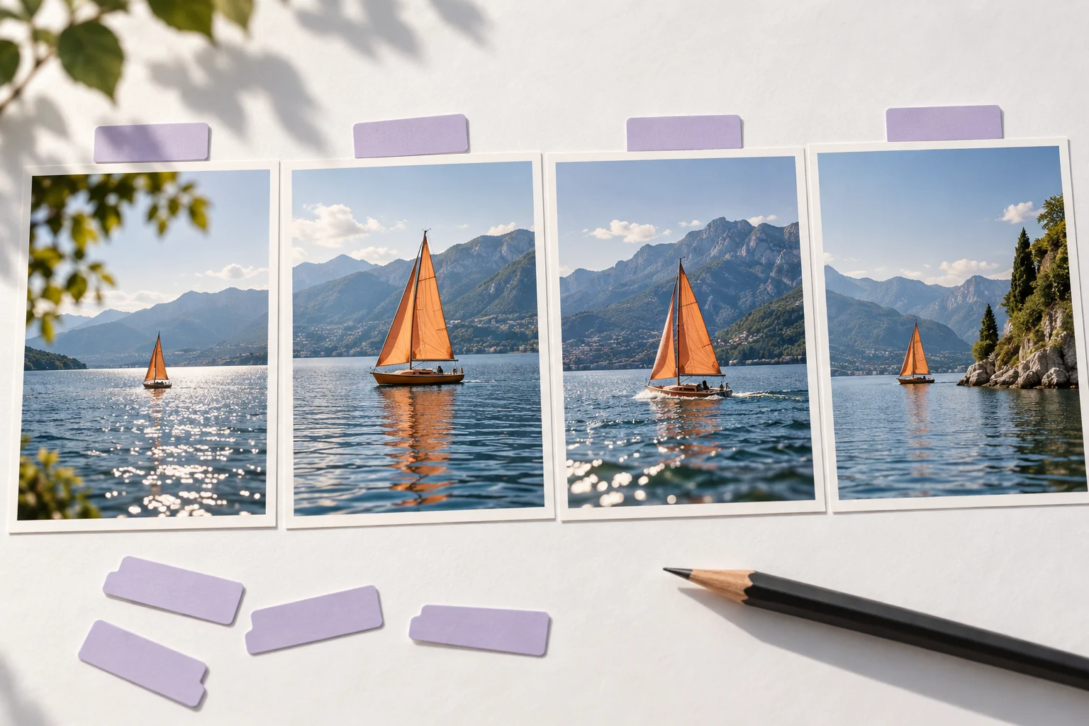 Original tabletop editing concept with sailboat contact prints and movable lavender timing tabs