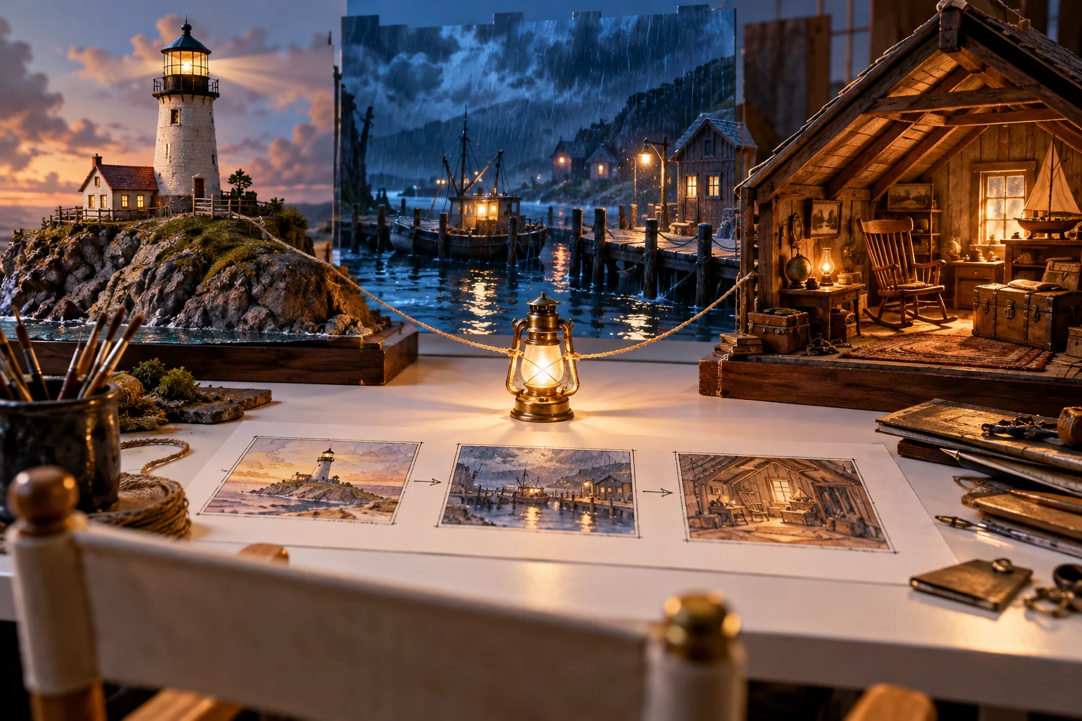 Original miniature lighthouse, rainy harbor and warm attic film sets linked by a brass lantern prop