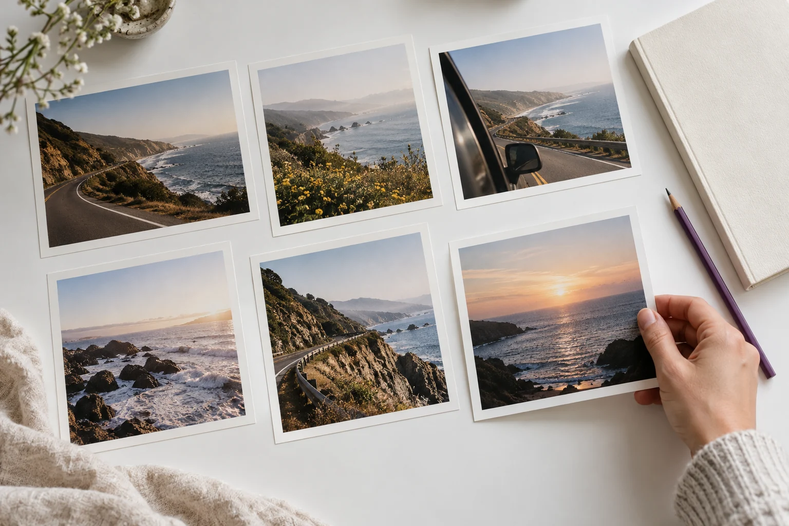 Original AI illustration of an adult hand arranging coastal-road film contact prints on a white desk