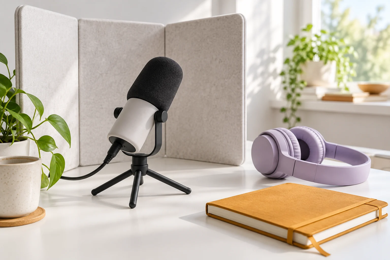 Original tidy podcast desk with unbranded microphone, acoustic felt and lavender headphones