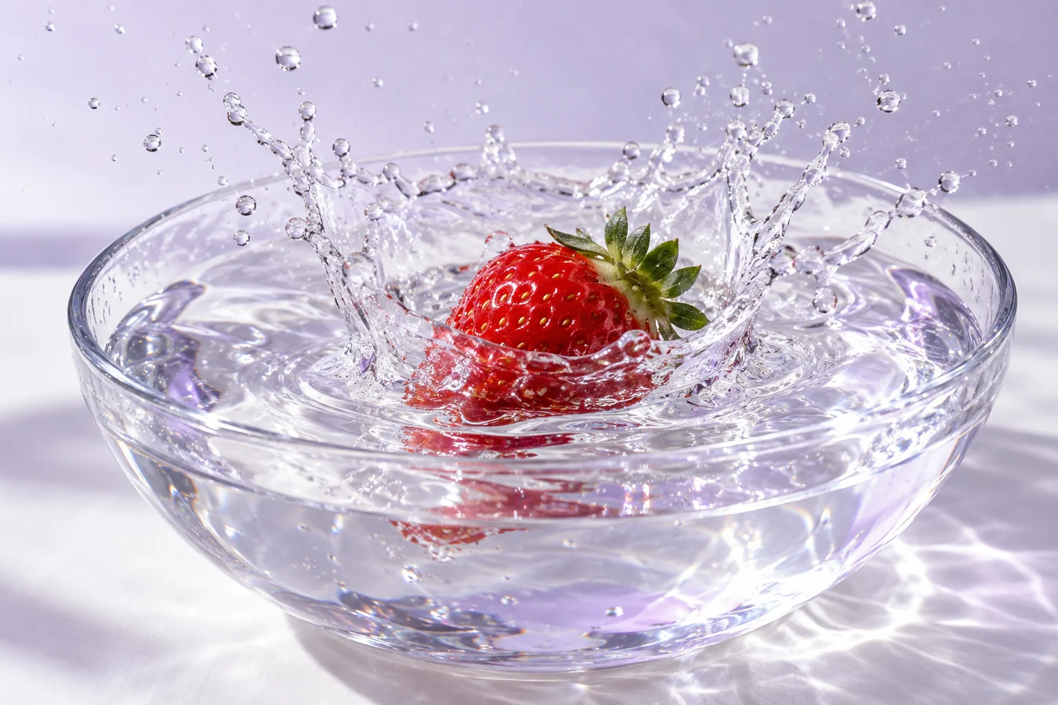 Original high-speed editorial illustration of a strawberry splash with suspended water droplets