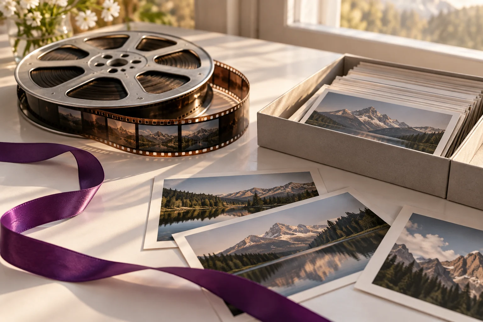 Original AI illustration of an archival film reel and mountain contact prints on a white studio table