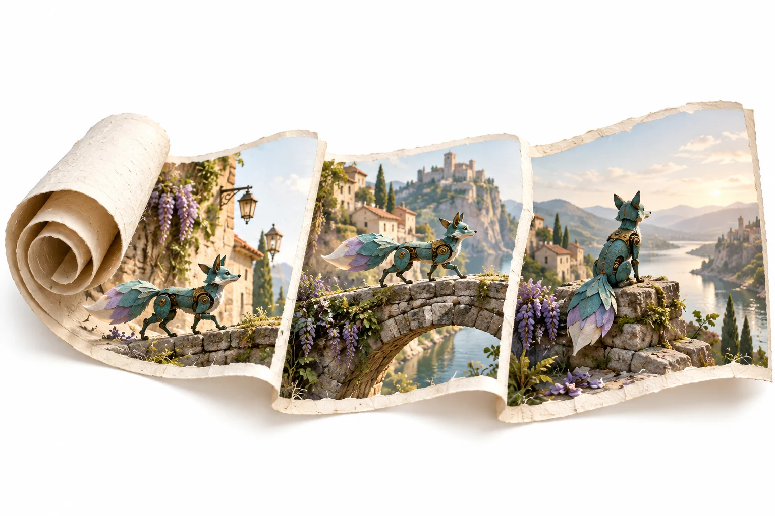 Original paper-to-scene illustration of a teal mechanical fox crossing a sunlit stone bridge