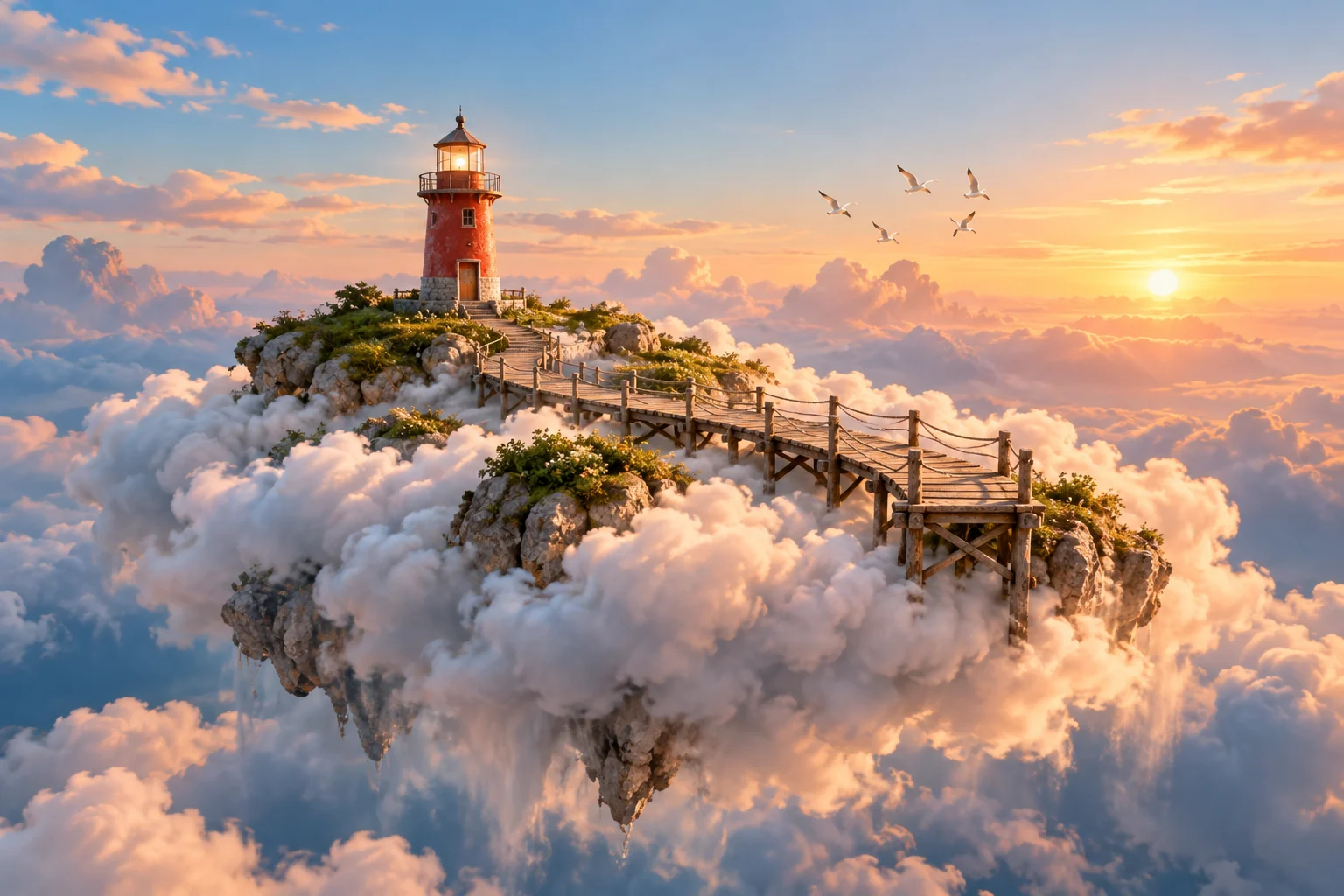 Original AI illustration of a red lighthouse and wooden jetty on a floating cloud island