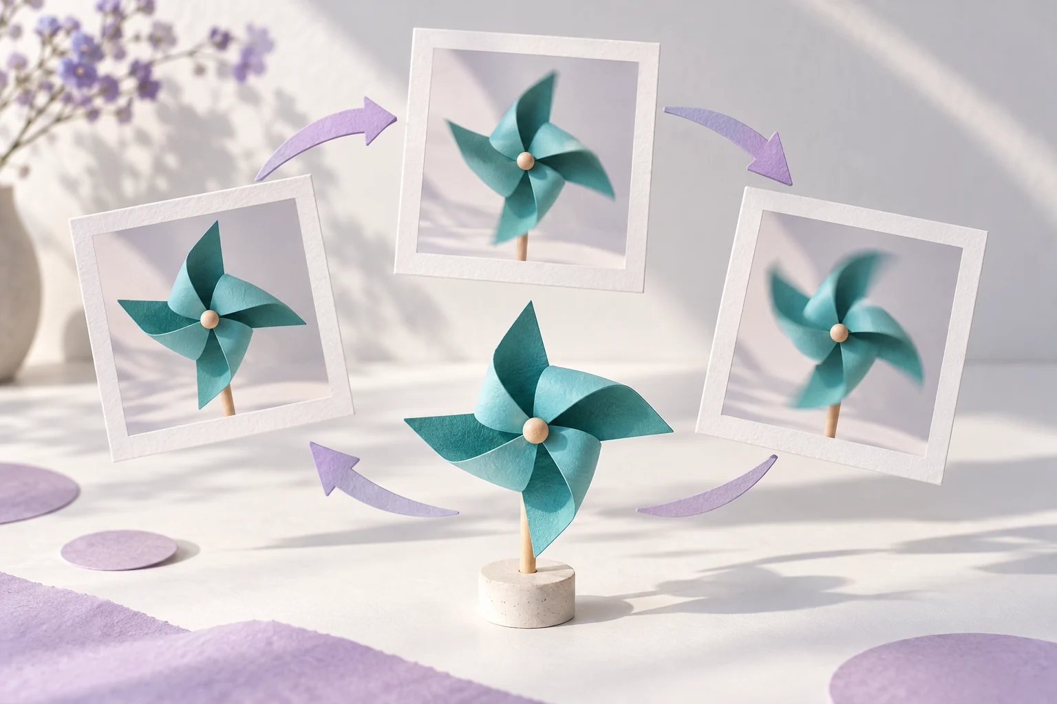 Original AI illustration of a teal pinwheel surrounded by paper-frame studies of a rotation loop