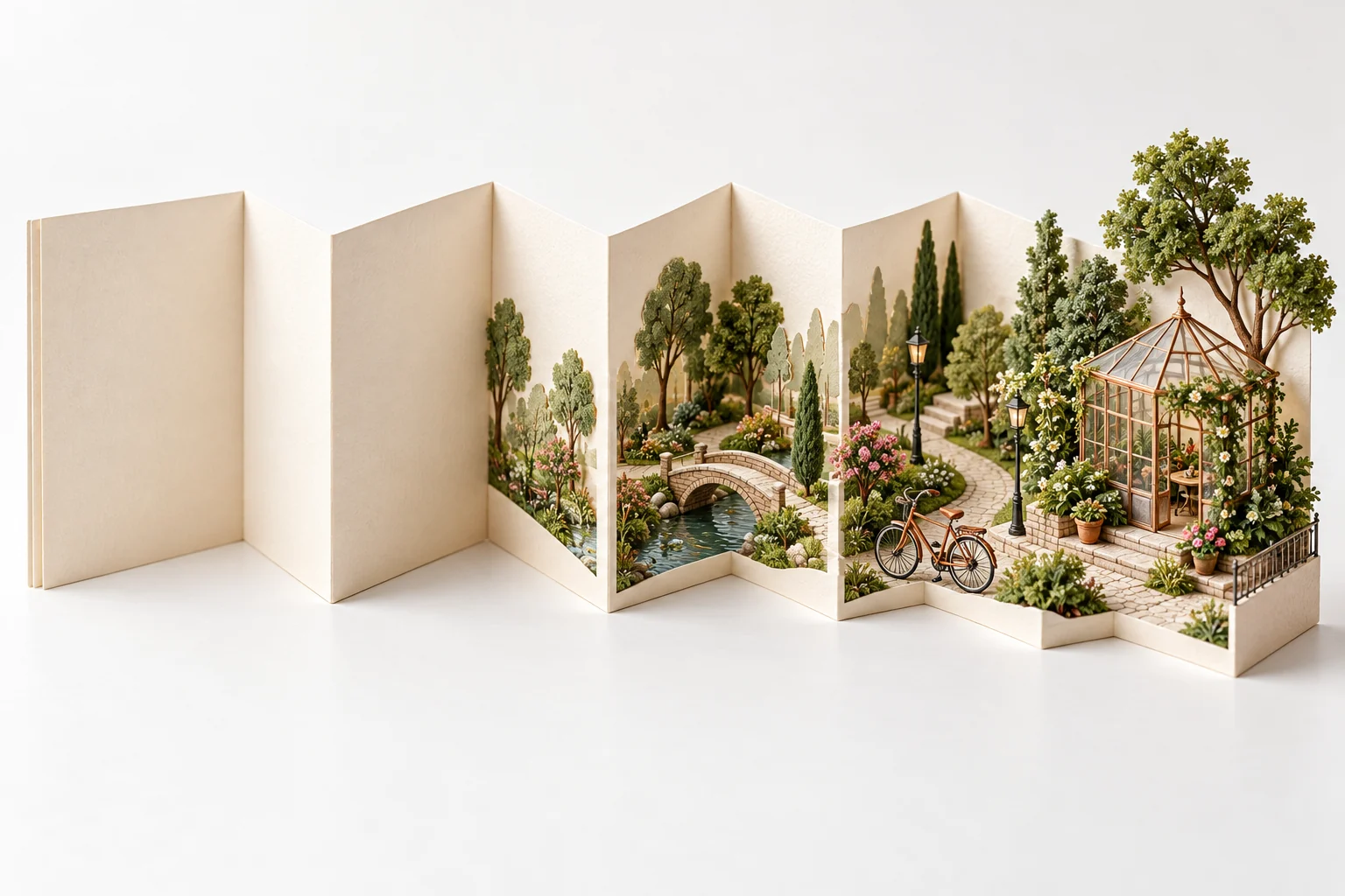 Original AI illustration of an accordion booklet unfolding into a miniature park and greenhouse