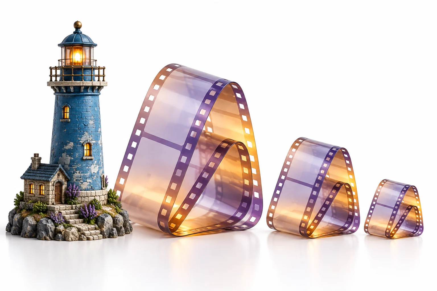 Original nested film-ribbon illustration beside a miniature blue lighthouse on a white background