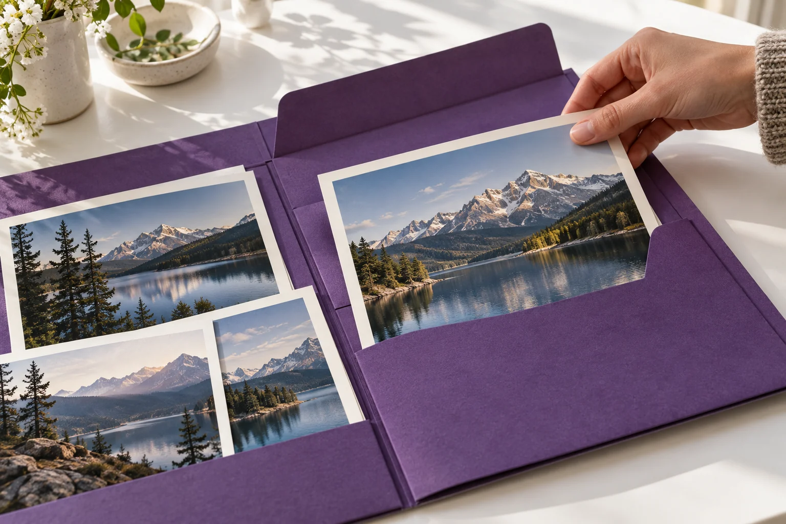 Original AI illustration of an adult hand placing a mountain-film contact print into an archival folder
