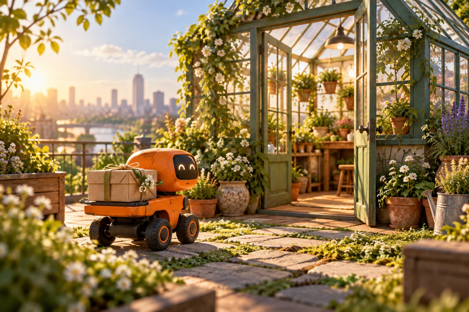 Original AI illustration of an orange delivery robot approaching a rooftop greenhouse with a parcel