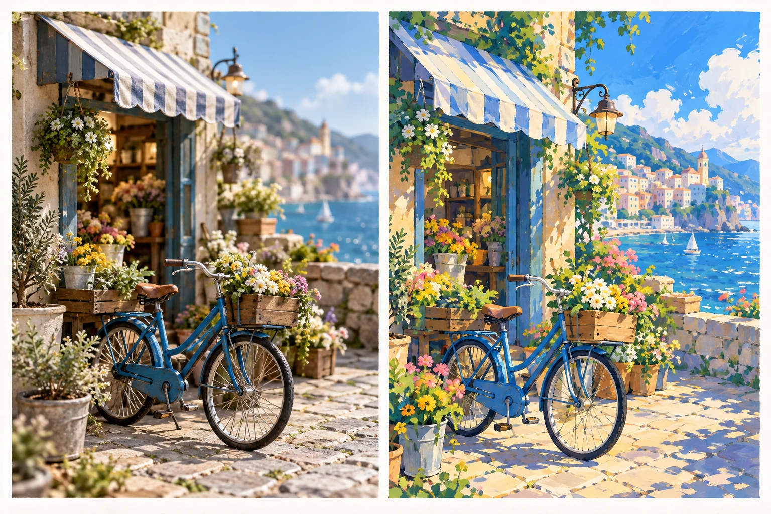 Original two-panel style study of a blue bicycle at a seaside flower shop, in miniature and anime-inspired treatments