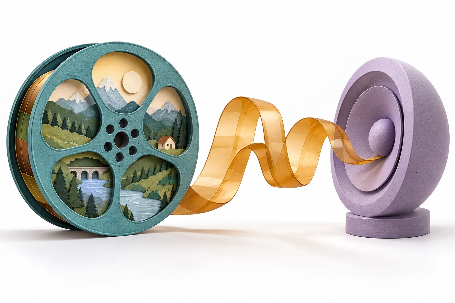 Original film-reel and flowing sound-ribbon illustration with a lavender speaker sculpture