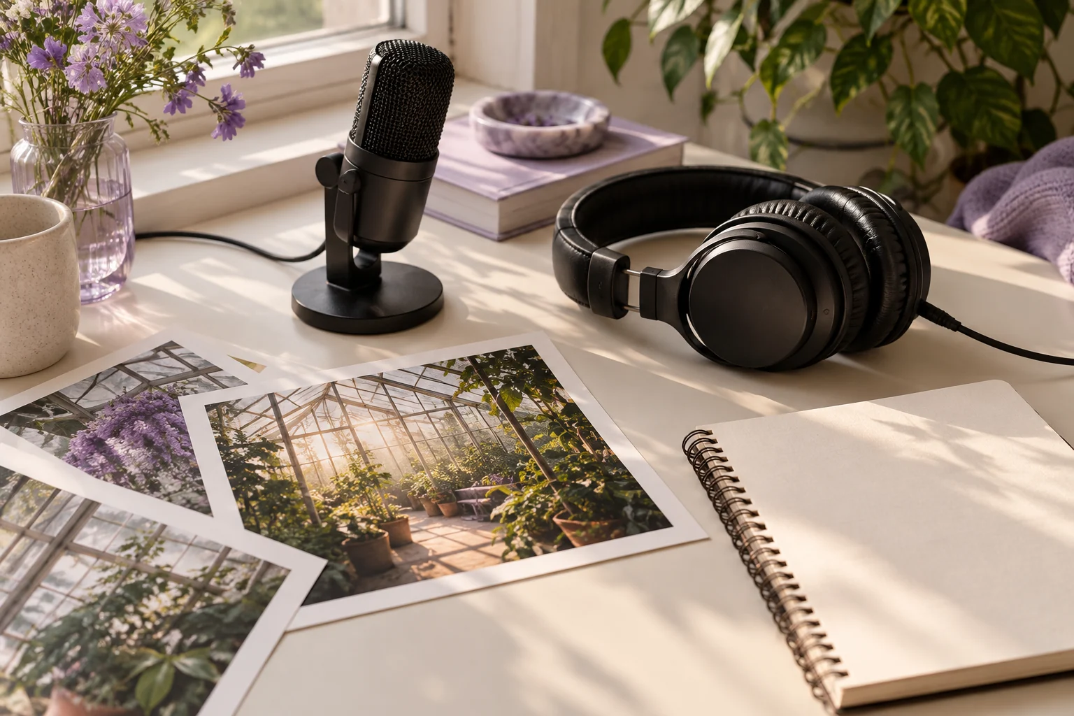 Original AI illustration of a microphone and headphones beside greenhouse-film prints and a blank script notebook