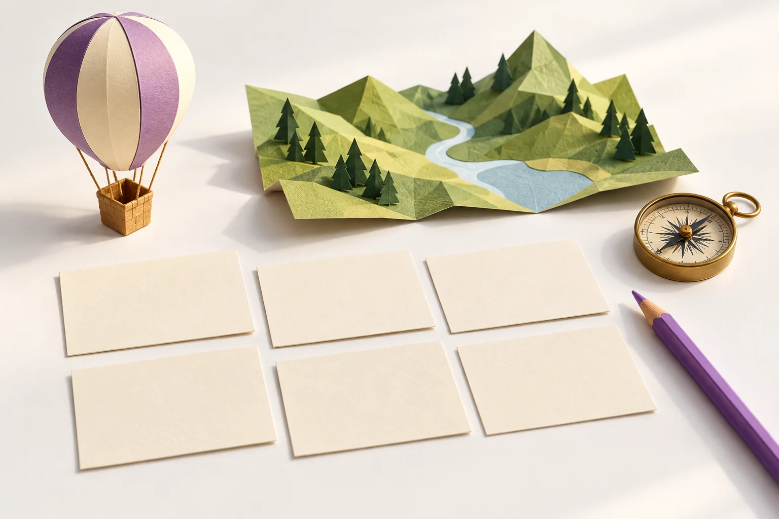 Original AI illustration of a naming desk with a paper balloon, compass, landscape model and blank index cards