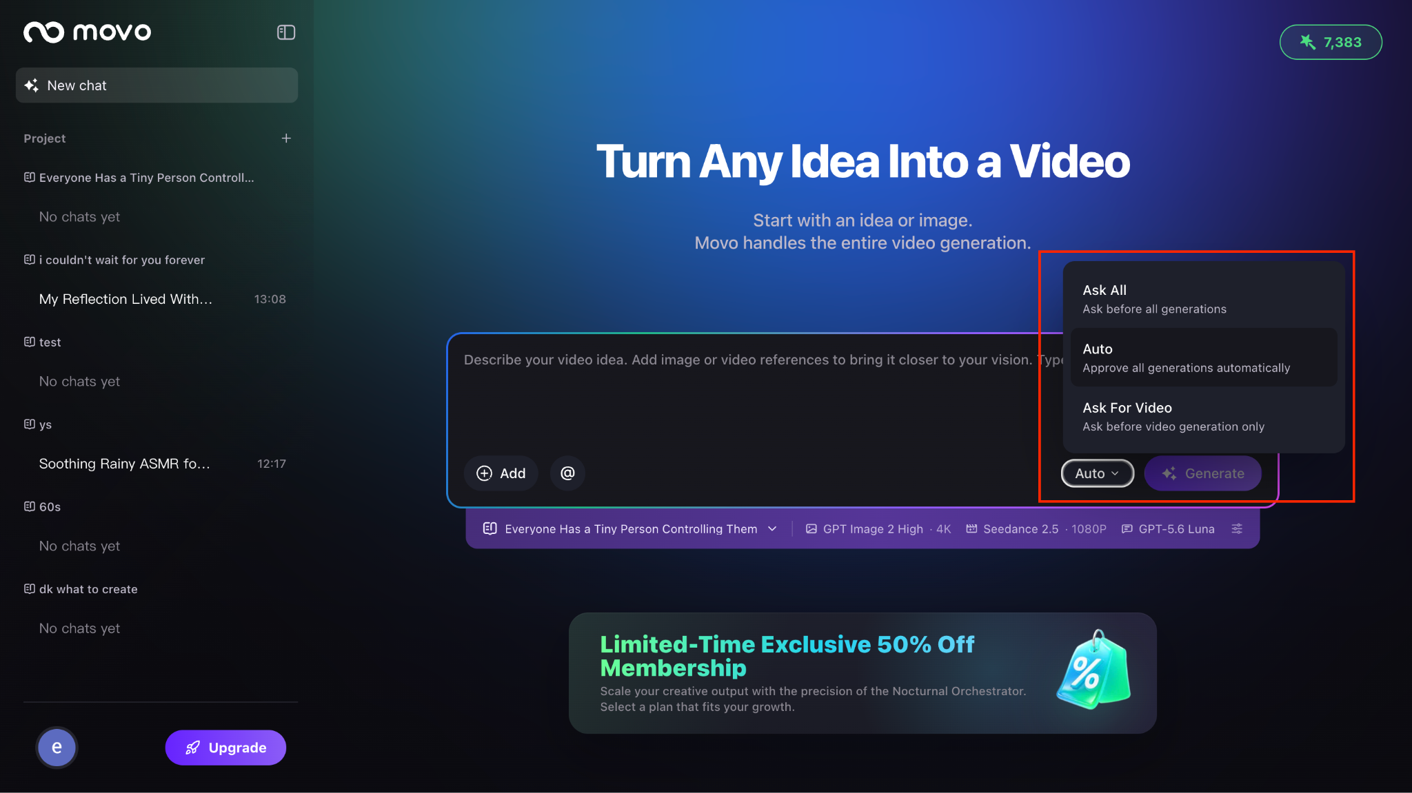 MOVO AI operating mode selector — Ask All, Ask for Video, or Auto — controlling approval frequency during the session