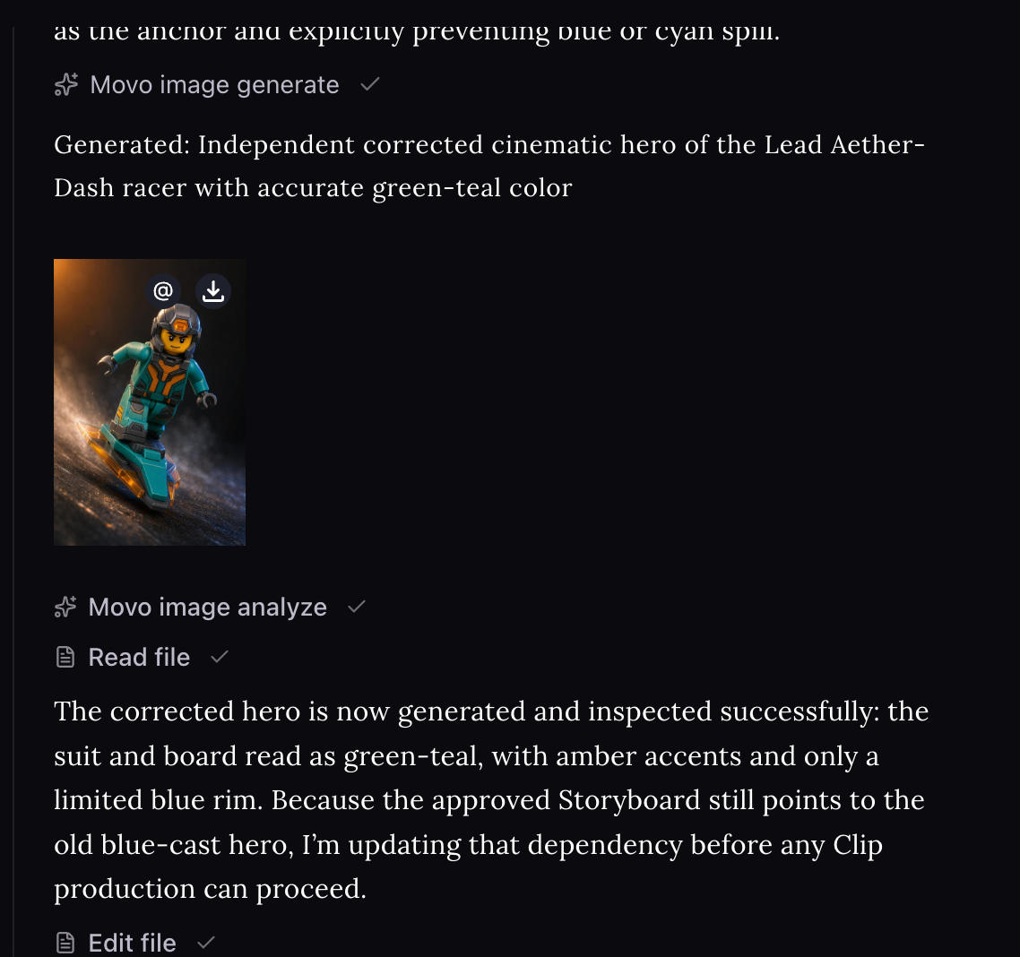 Expanded MOVO AI task details showing completed work and the supporting reasoning process
