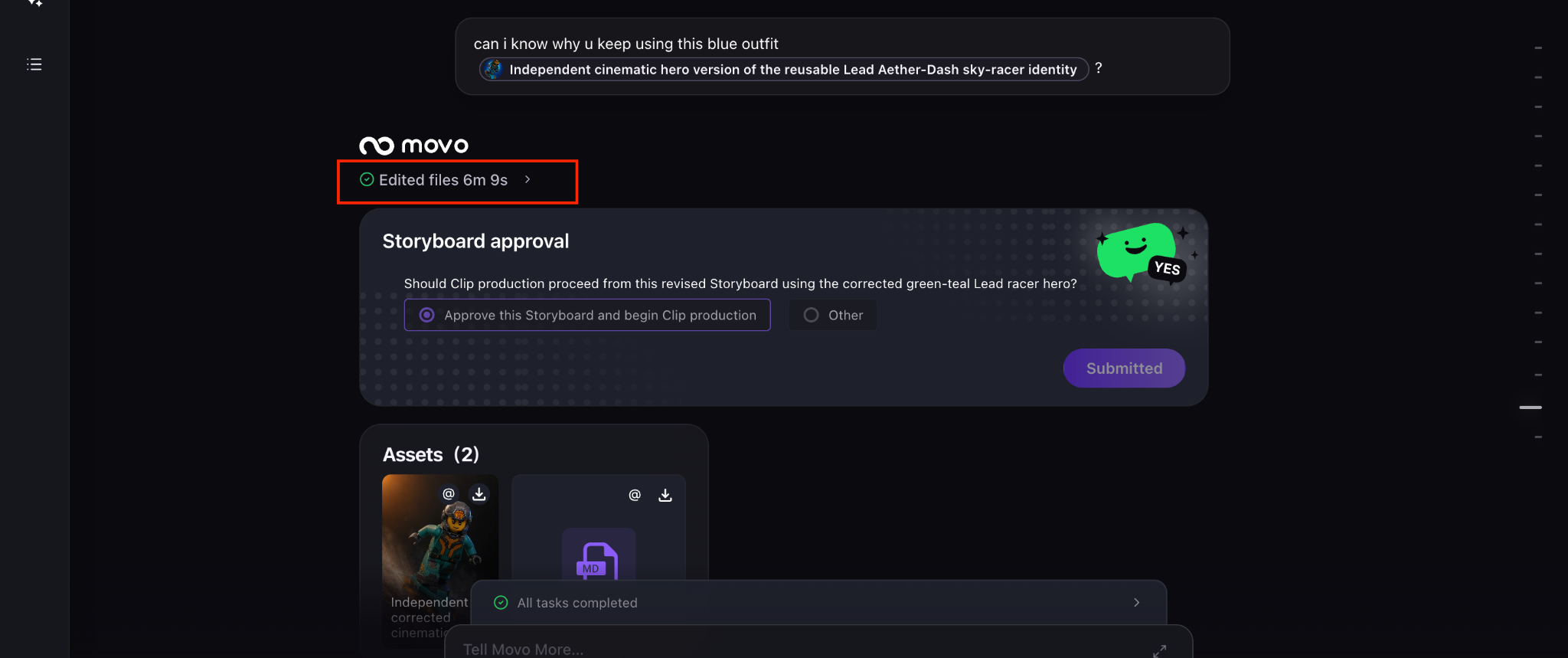 MOVO AI's thinking process shown in a collapsible section — how the agent interpreted your request and planned each step